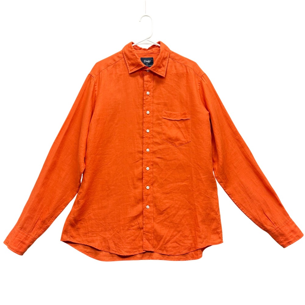 Drake's Linen Shirt Mens XL Button Down Orange Made in England Summer Preppy